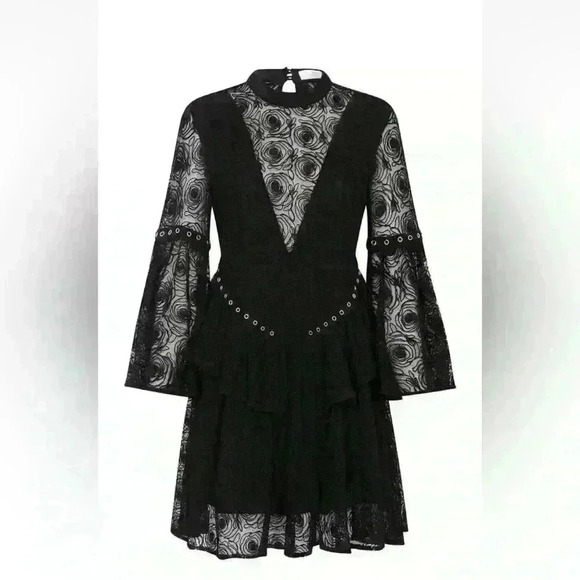 SASS & BIDE Layered Floral Lace Dress ROSE STORY Black Bell Sleeves SZ XXS - Picture 1 of 8